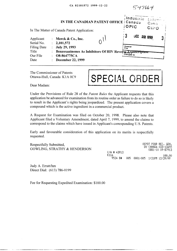Canadian Patent Document 2101572. Prosecution-Amendment 19981222. Image 1 of 1