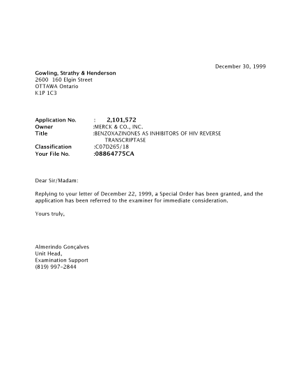 Canadian Patent Document 2101572. Prosecution-Amendment 19991230. Image 1 of 1