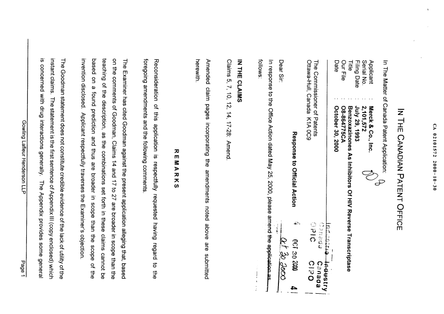 Canadian Patent Document 2101572. Prosecution-Amendment 19991230. Image 1 of 18