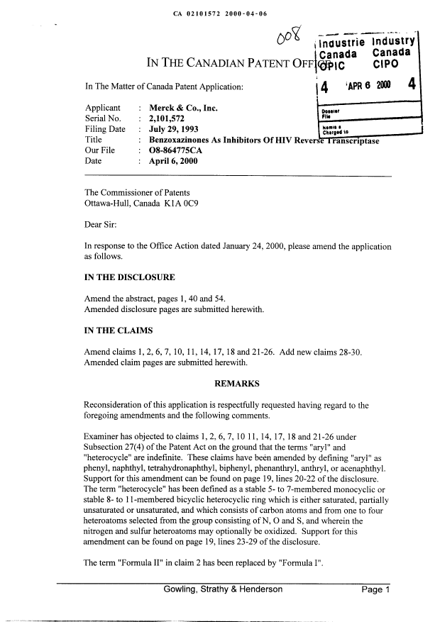 Canadian Patent Document 2101572. Prosecution-Amendment 20000406. Image 1 of 32
