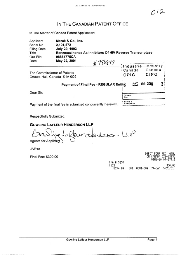 Canadian Patent Document 2101572. Correspondence 20010522. Image 1 of 1