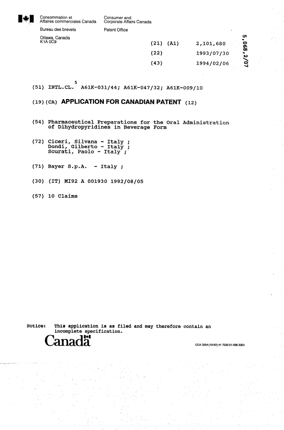 Canadian Patent Document 2101680. Cover Page 19940206. Image 1 of 1