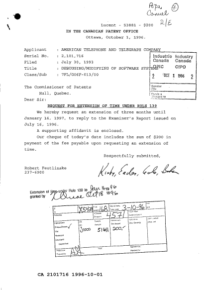 Document de brevet canadien 2101716. Correspondance de la poursuite 19961001. Image 1 de 2