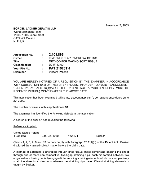 Canadian Patent Document 2101865. Prosecution-Amendment 20031107. Image 1 of 3