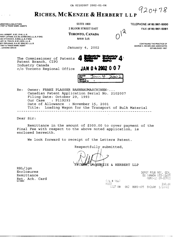 Canadian Patent Document 2102007. Correspondence 20020104. Image 1 of 1