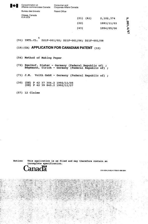 Canadian Patent Document 2102374. Cover Page 19940506. Image 1 of 1