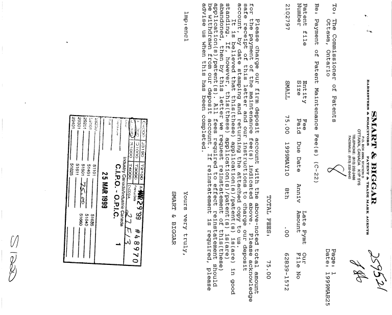 Canadian Patent Document 2102797. Fees 19990325. Image 1 of 1