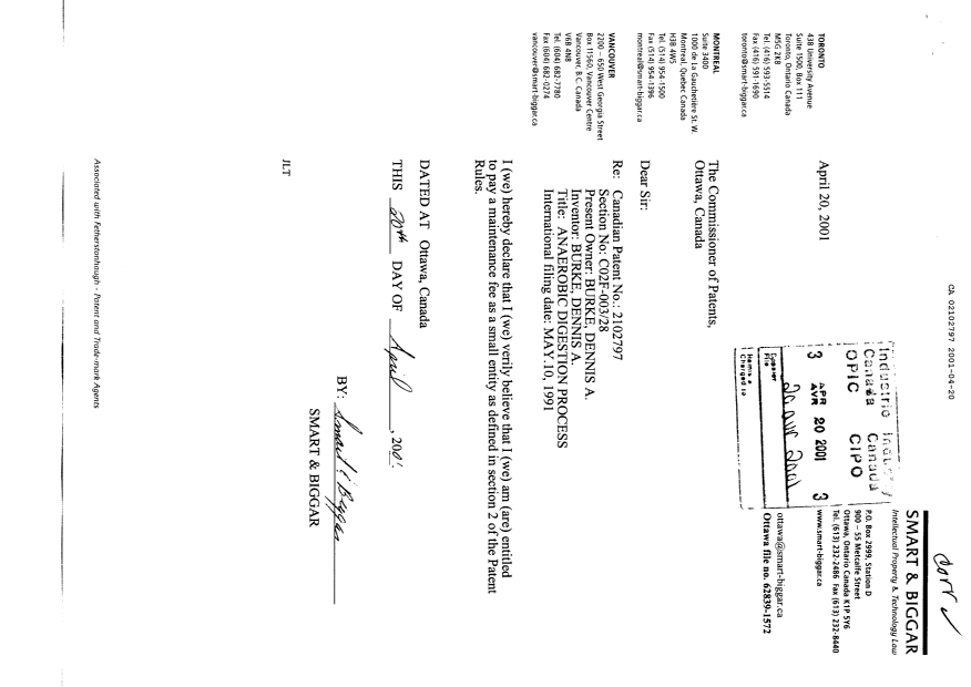 Canadian Patent Document 2102797. Correspondence 20010420. Image 1 of 1