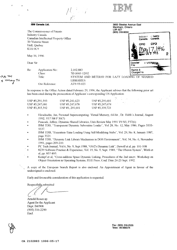Canadian Patent Document 2102883. Prosecution Correspondence 19960517. Image 1 of 4