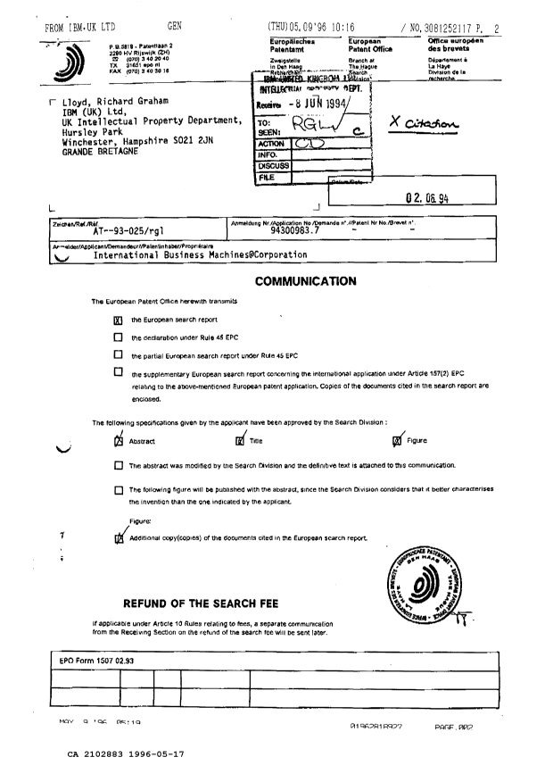 Canadian Patent Document 2102883. Prosecution Correspondence 19960517. Image 2 of 4
