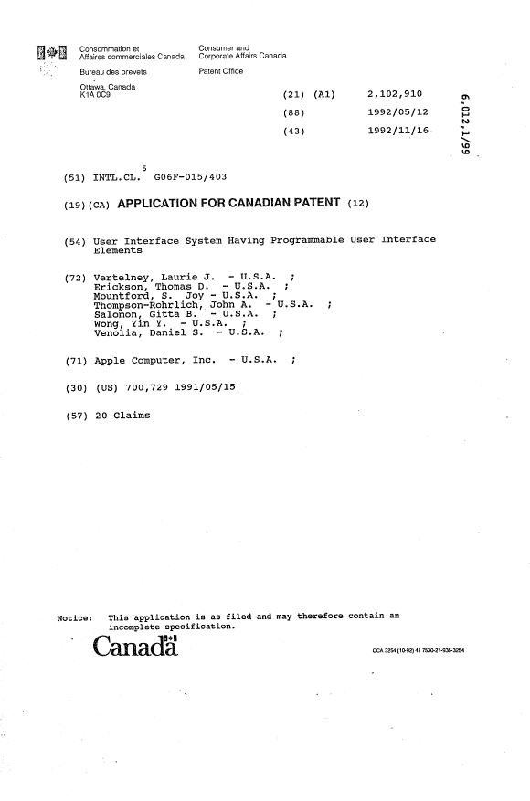 Canadian Patent Document 2102910. Cover Page 19940701. Image 1 of 1