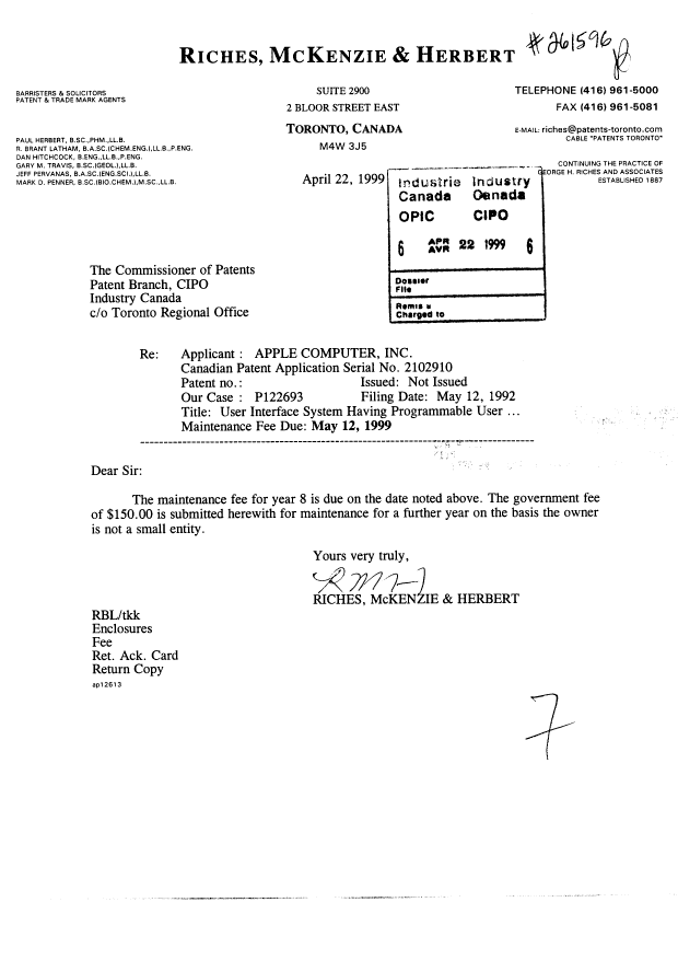 Canadian Patent Document 2102910. Fees 19990422. Image 1 of 1