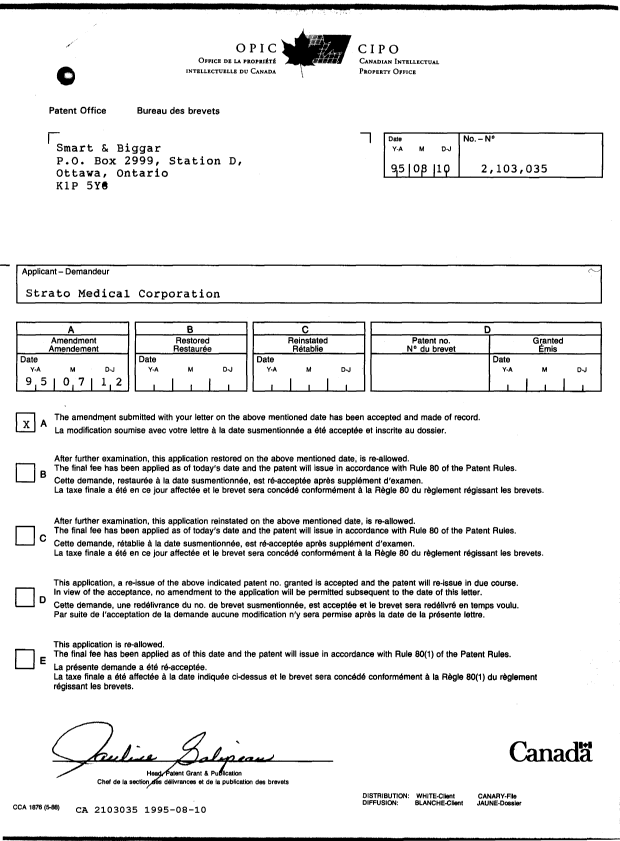 Document de brevet canadien 2103035. Lettre du bureau 19950810. Image 1 de 1