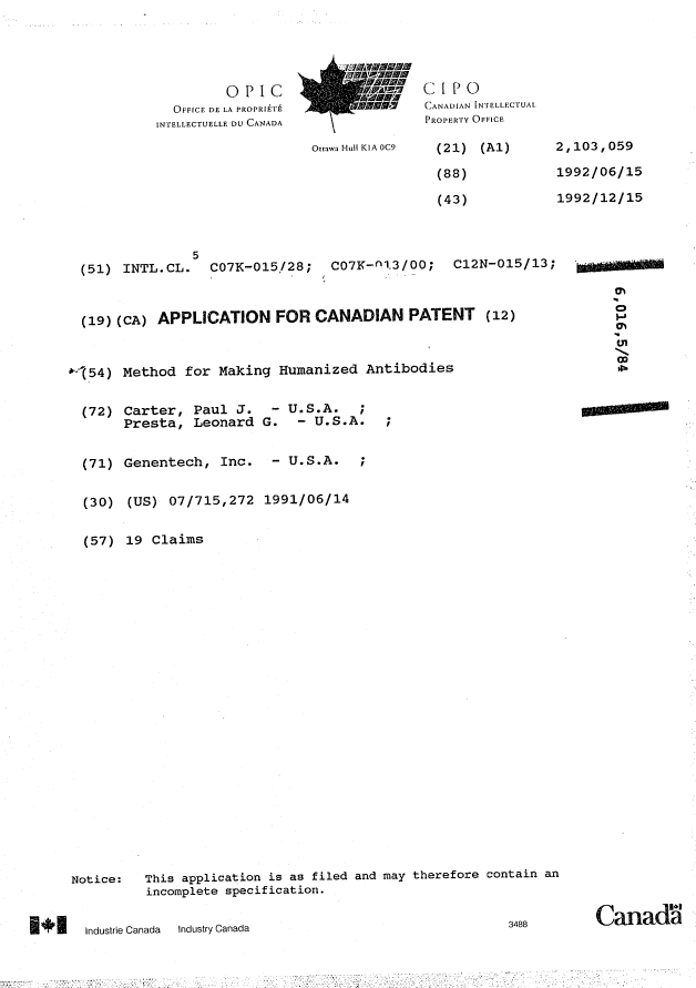 Document de brevet canadien 2103059. Page couverture 19950902. Image 1 de 1
