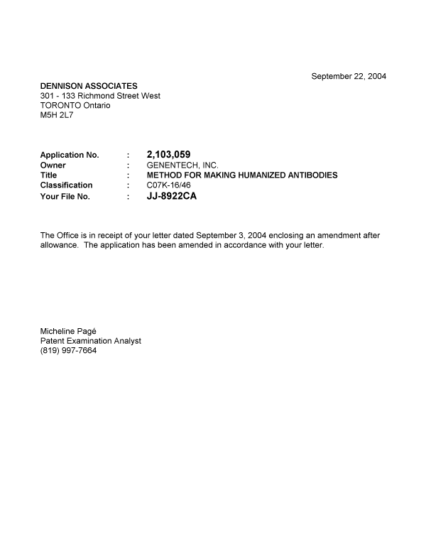 Canadian Patent Document 2103059. Prosecution-Amendment 20040922. Image 1 of 1