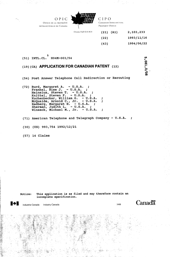 Document de brevet canadien 2103233. Page couverture 19950318. Image 1 de 1