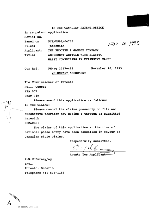 Canadian Patent Document 2103271. Prosecution Correspondence 19931116. Image 1 of 1