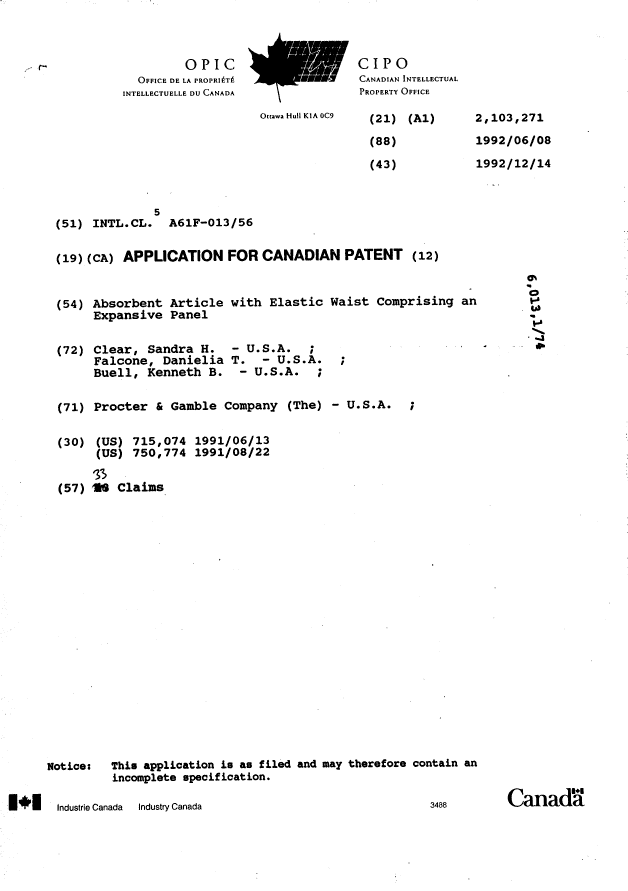 Canadian Patent Document 2103271. Cover Page 19950729. Image 1 of 1