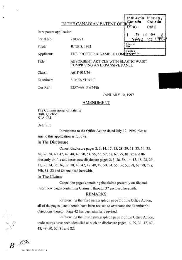 Canadian Patent Document 2103271. Prosecution Correspondence 19970110. Image 1 of 5