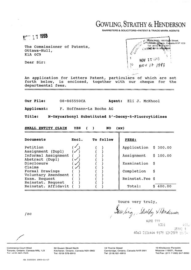 Document de brevet canadien 2103324. Cession 19921217. Image 1 de 5