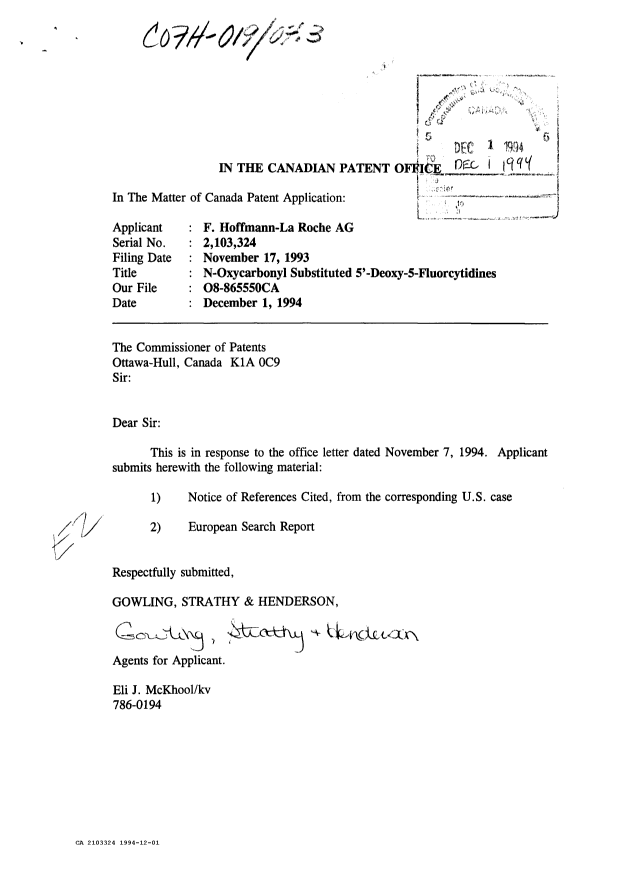 Canadian Patent Document 2103324. Prosecution-Amendment 19931201. Image 1 of 5