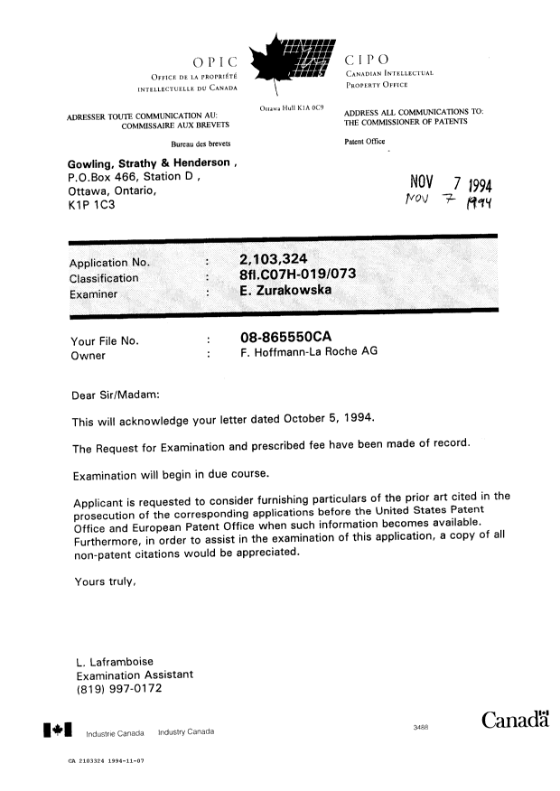 Canadian Patent Document 2103324. Correspondence 19931207. Image 1 of 1