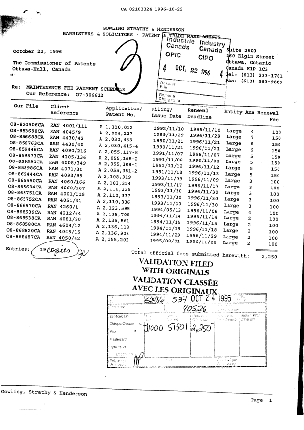 Document de brevet canadien 2103324. Taxes 19951222. Image 1 de 1