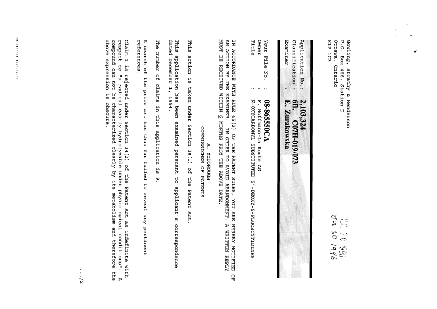 Document de brevet canadien 2103324. Demande d'examen 19960730. Image 1 de 2