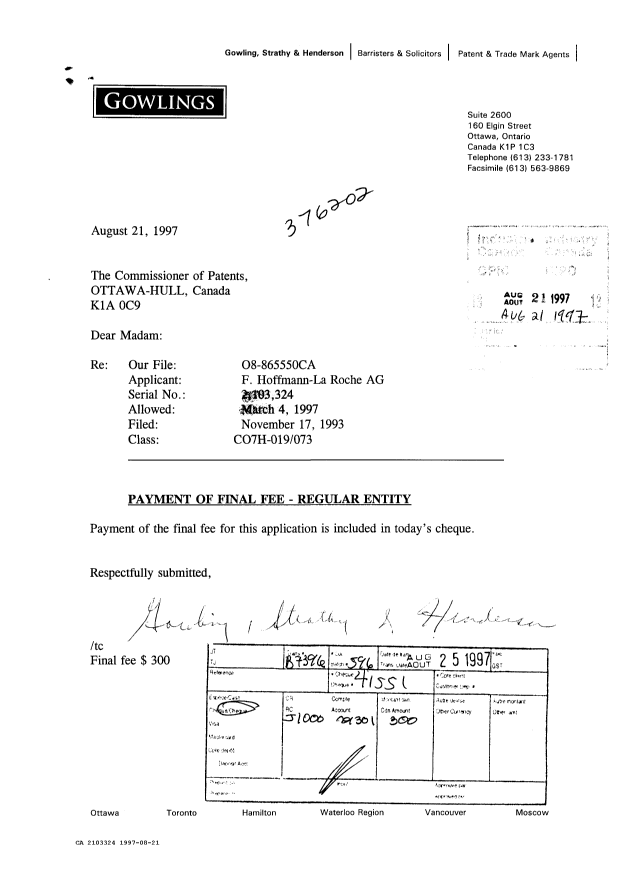 Document de brevet canadien 2103324. Correspondance 19961221. Image 1 de 1
