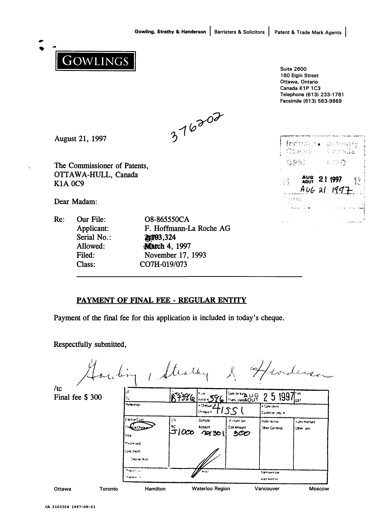 Canadian Patent Document 2103324. Correspondence 19961221. Image 1 of 1