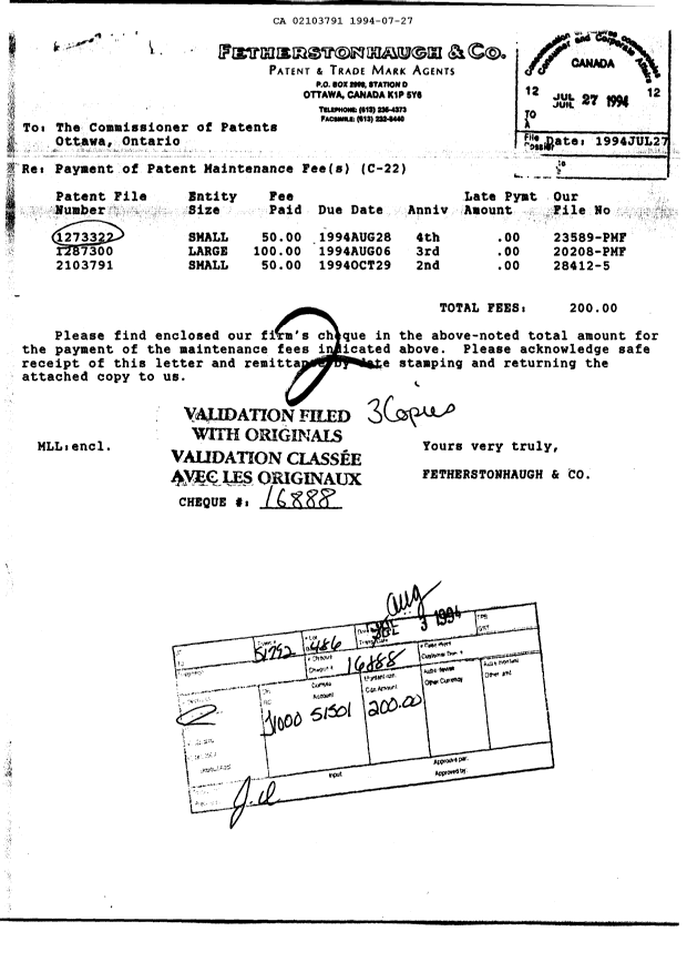 Canadian Patent Document 2103791. Fees 19940727. Image 1 of 1