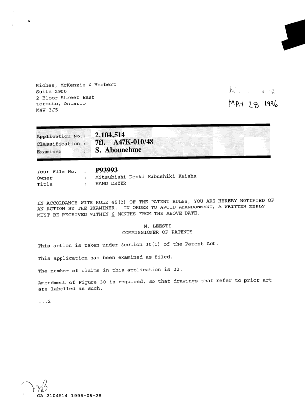 Canadian Patent Document 2104514. Examiner Requisition 19960528. Image 1 of 2