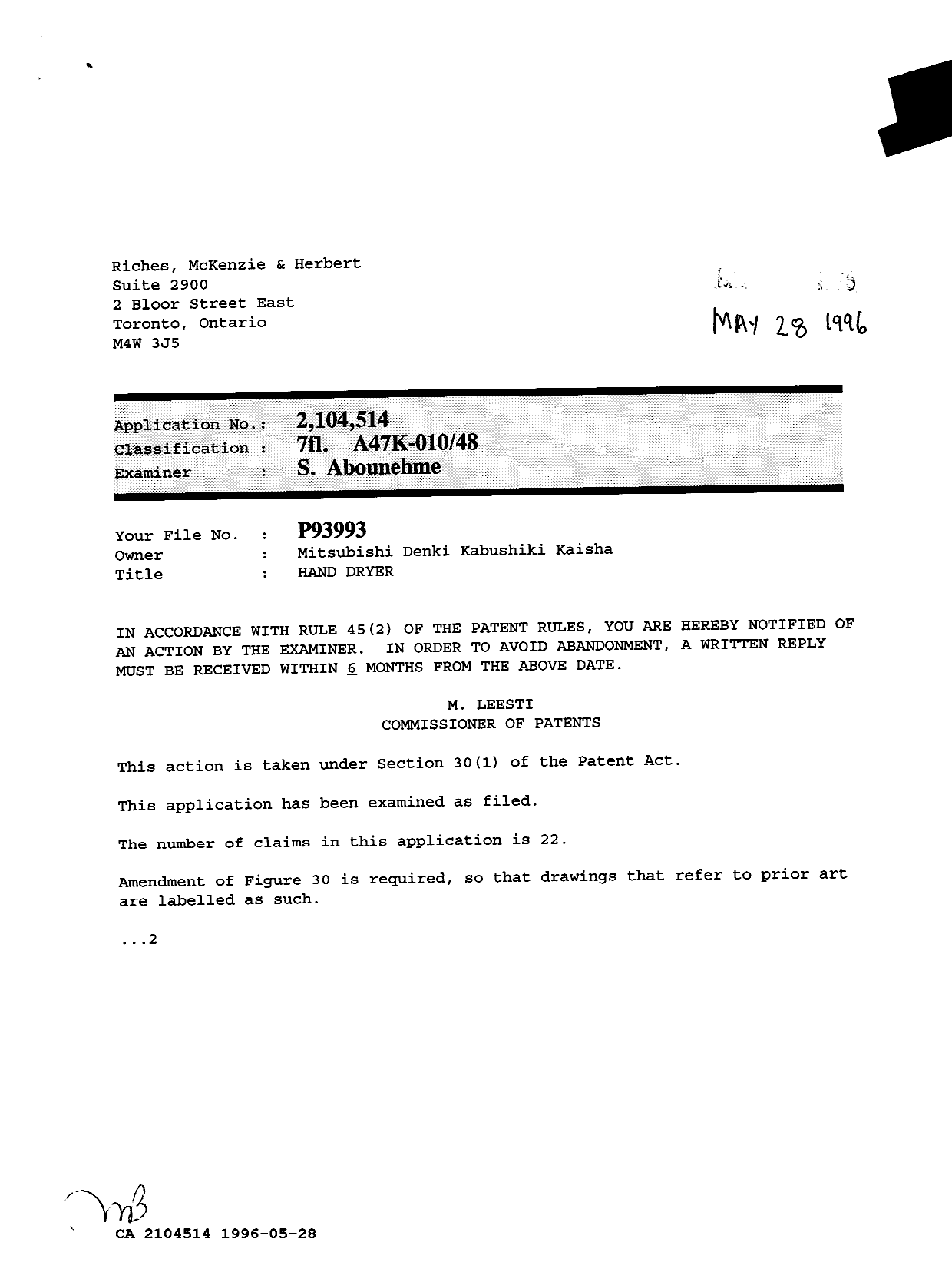 Canadian Patent Document 2104514. Examiner Requisition 19960528. Image 1 of 2