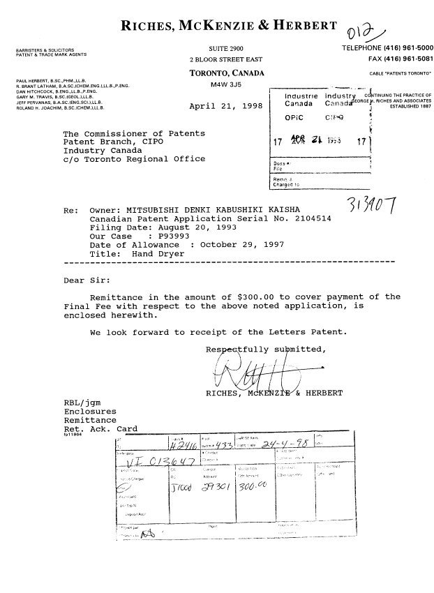Document de brevet canadien 2104514. Correspondance 19980421. Image 1 de 1