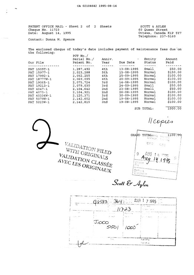 Canadian Patent Document 2104642. Fees 19950814. Image 1 of 1