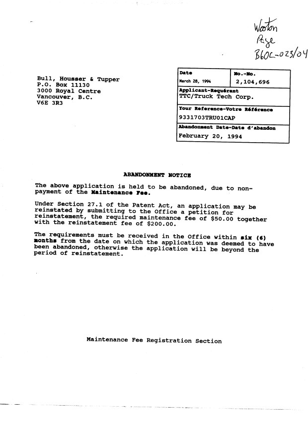 Canadian Patent Document 2104696. Fees 19940328. Image 1 of 2