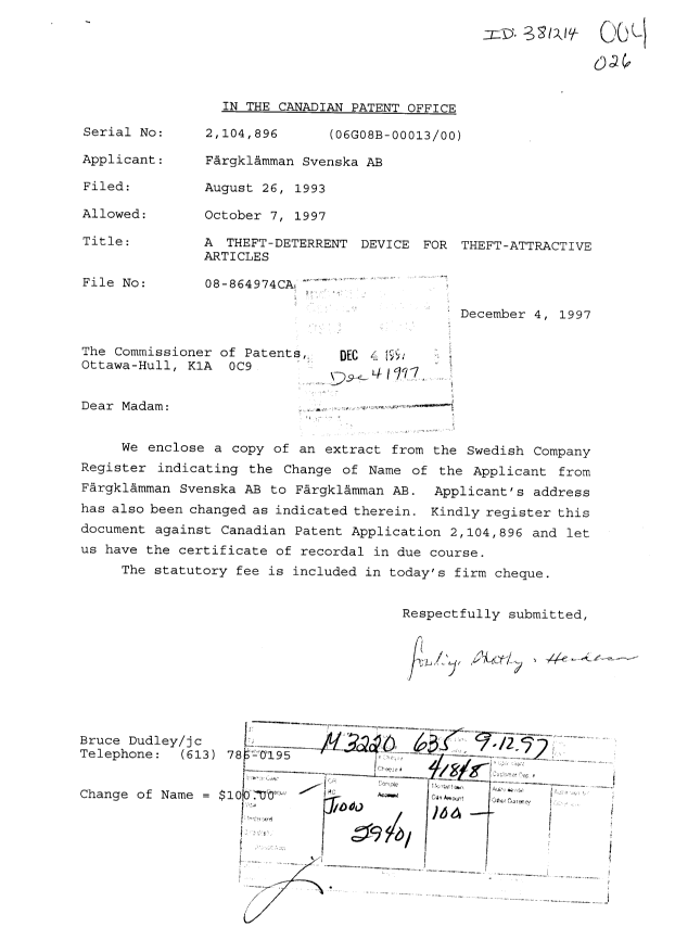 Canadian Patent Document 2104896. Correspondence 19961204. Image 1 of 1