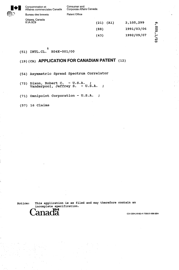 Document de brevet canadien 2105299. Page couverture 19940507. Image 1 de 1
