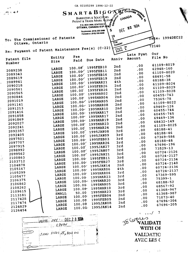 Document de brevet canadien 2105299. Taxes 19941222. Image 1 de 1
