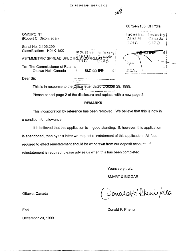 Canadian Patent Document 2105299. Prosecution-Amendment 19991220. Image 1 of 2