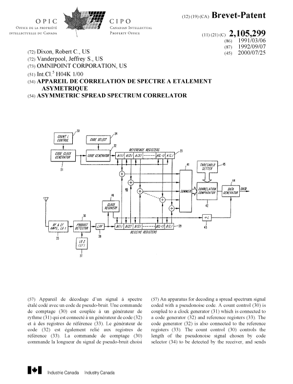 Document de brevet canadien 2105299. Page couverture 20000711. Image 1 de 2