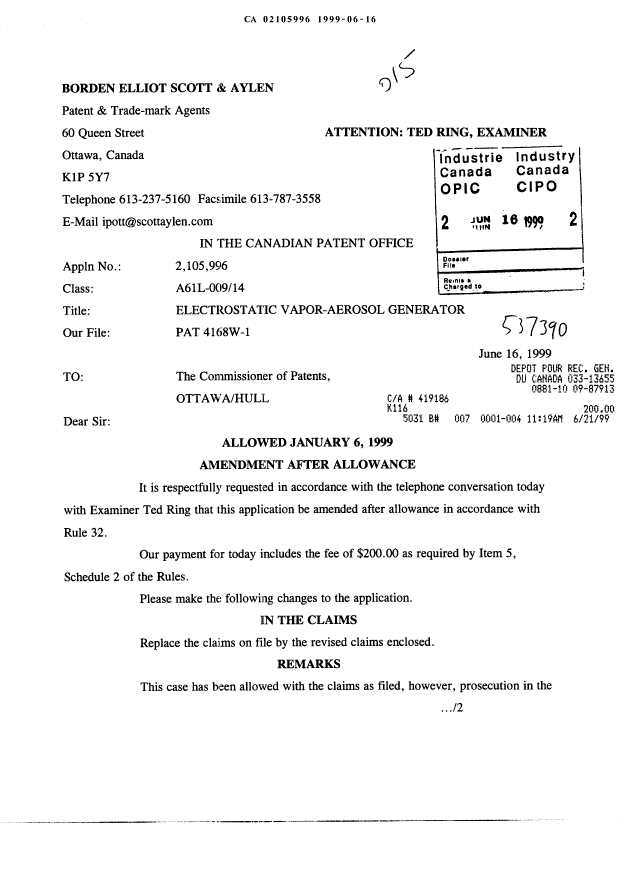 Document de brevet canadien 2105996. Poursuite-Amendment 19990616. Image 1 de 9