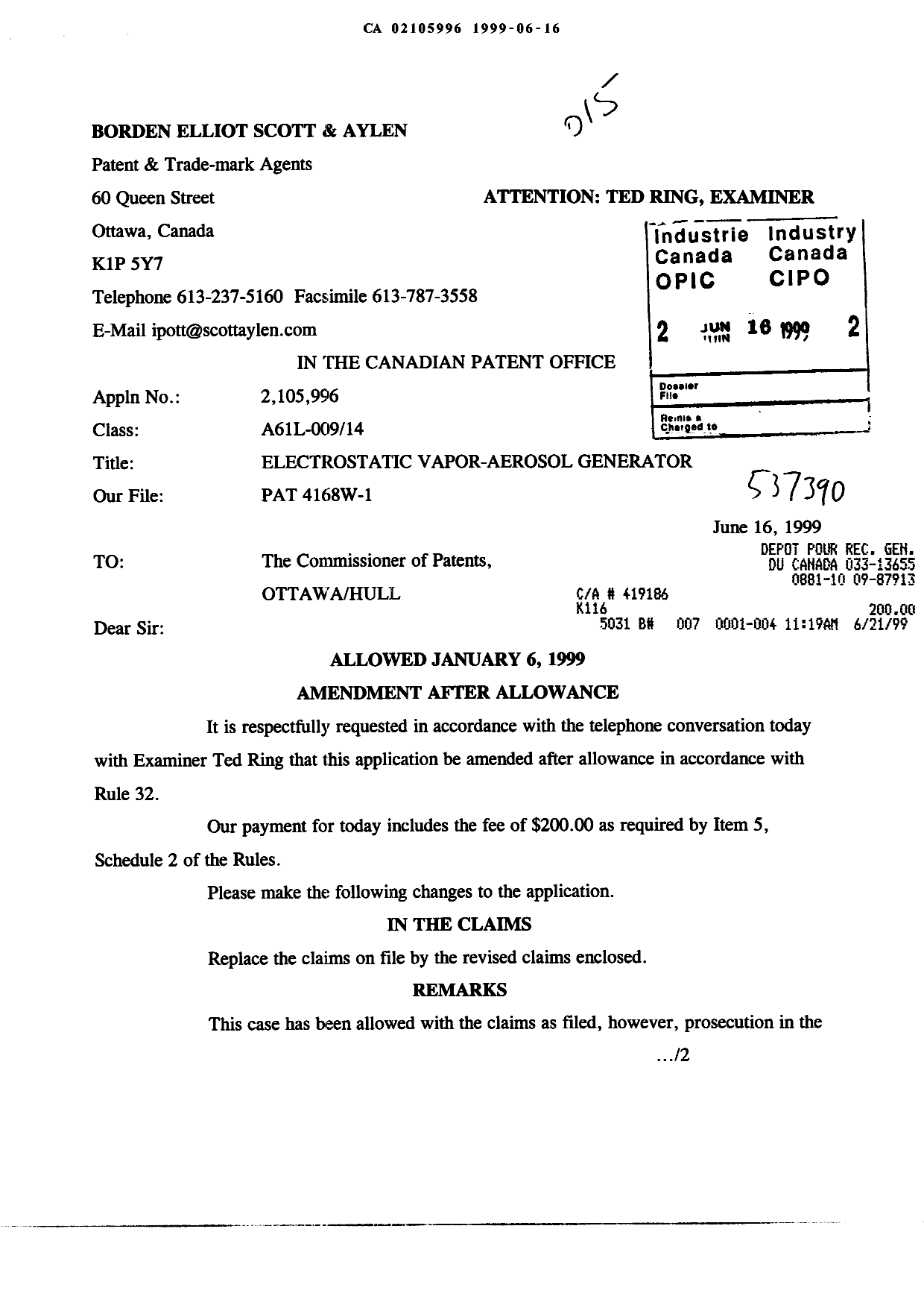Canadian Patent Document 2105996. Prosecution-Amendment 19990616. Image 1 of 9
