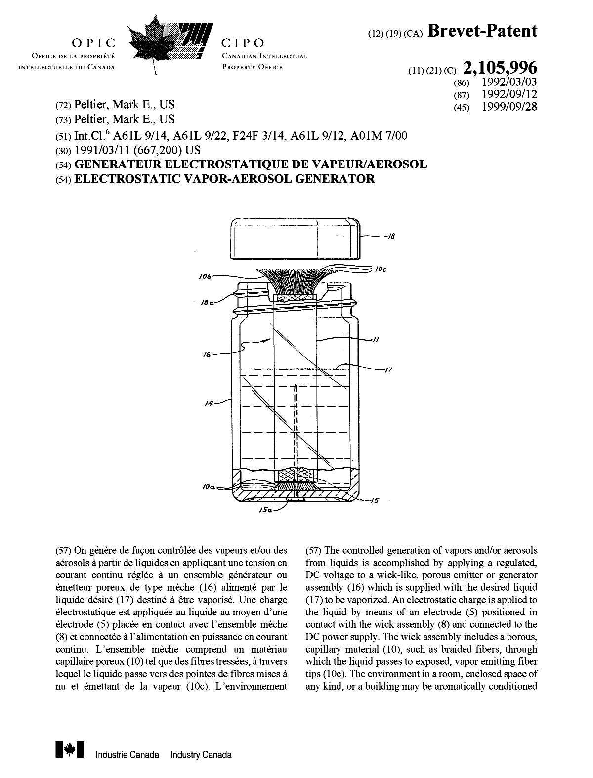 Canadian Patent Document 2105996. Cover Page 19990920. Image 1 of 2