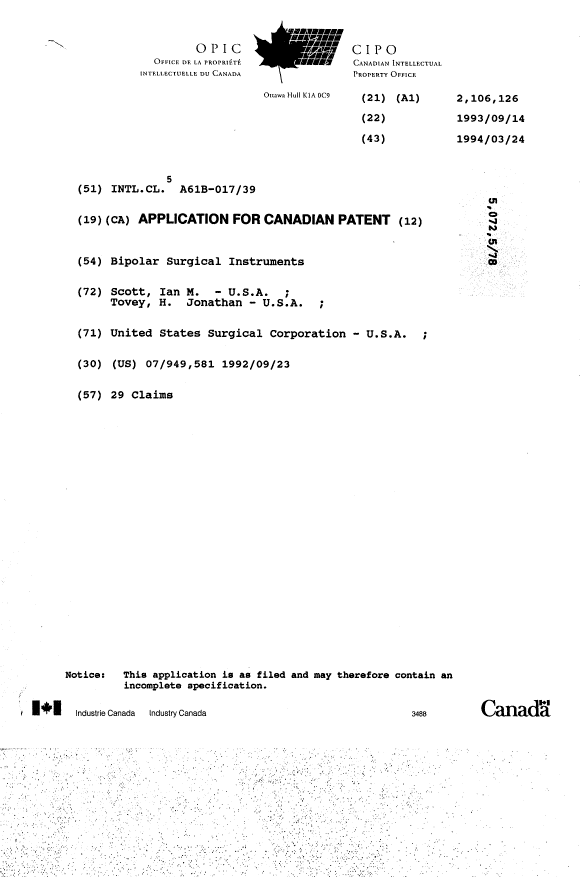 Canadian Patent Document 2106126. Cover Page 19940324. Image 1 of 1