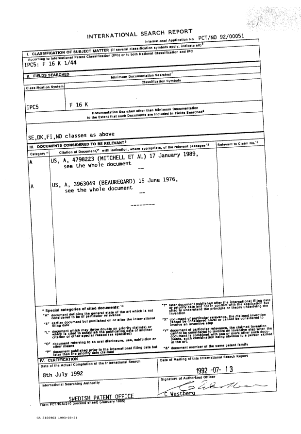 Canadian Patent Document 2106963. International Preliminary Examination Report 19930924. Image 1 of 9