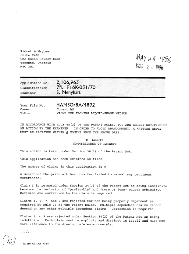 Canadian Patent Document 2106963. Examiner Requisition 19960528. Image 1 of 2