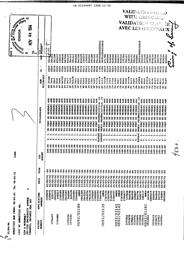 Document de brevet canadien 2106997. Taxes 19941124. Image 1 de 2