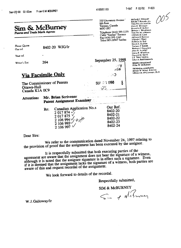 Document de brevet canadien 2106997. Cession 19980925. Image 1 de 2