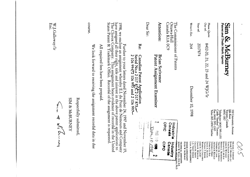 Document de brevet canadien 2106997. Cession 19981210. Image 1 de 6